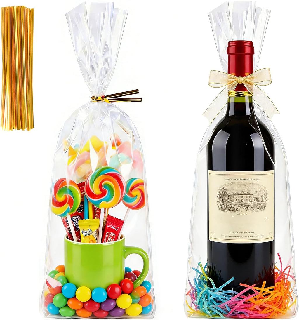 Clear Wine Bottle Gift Bags 8x16 Inch, 50 Pack Cellophane Bags