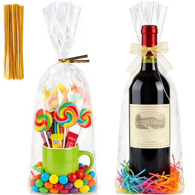 Clear Wine Bottle Gift Bags 8x16 Inch, 100 Pack Cellophane Bags