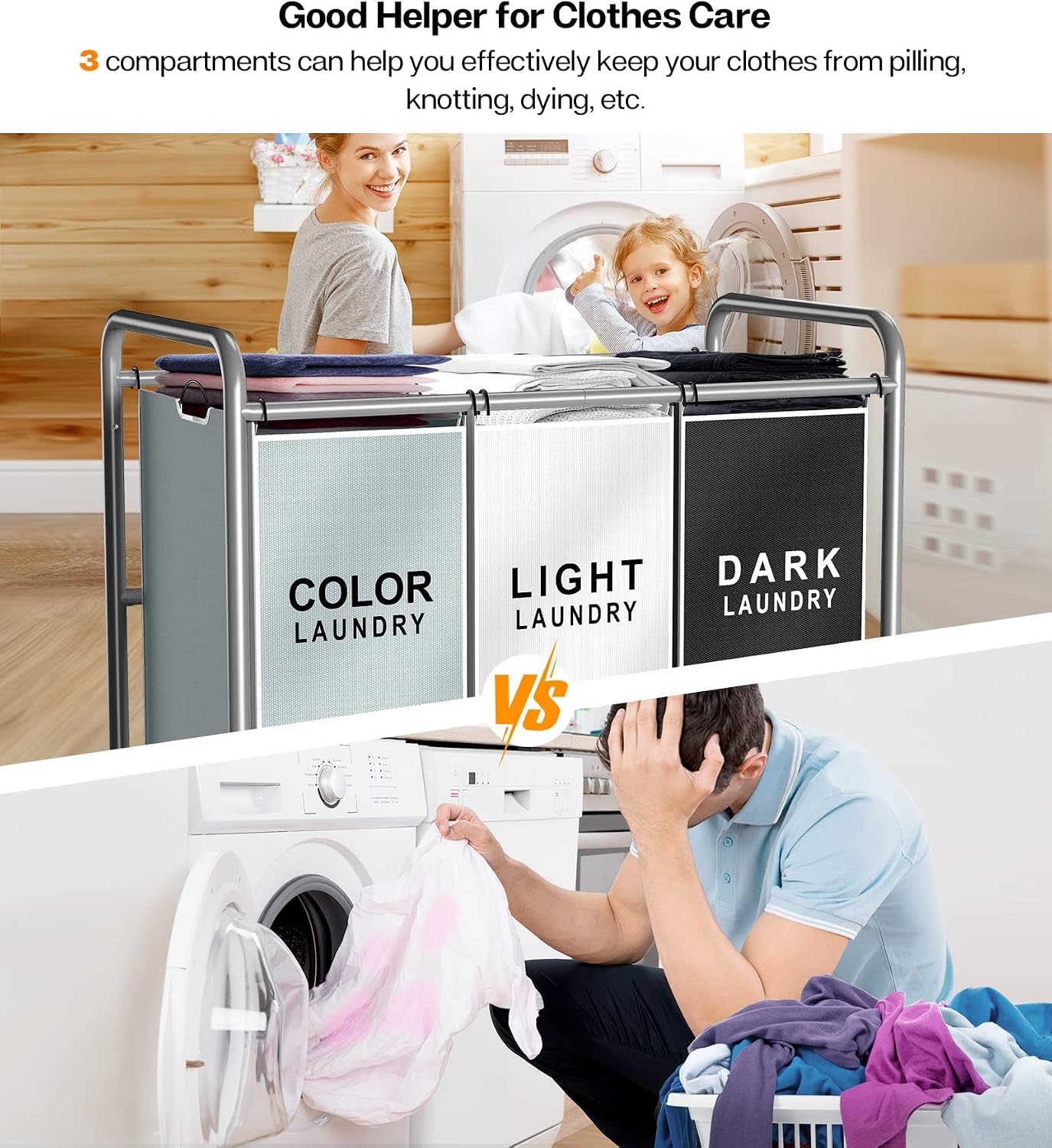 Laundry Sorter Hamper 3 Section, Divided Laundry Basket Organizer | Rolling Clothes Hamper with Heavy Duty Lockable