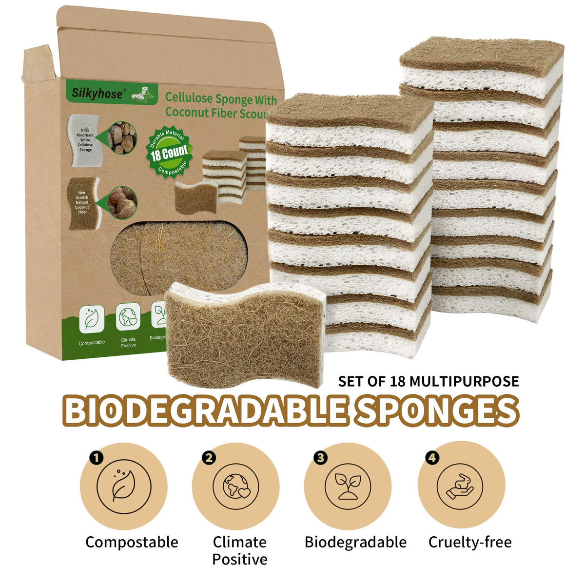 18 Pack Natural Kitchen Sponges, Cellulose Coconut & Non-Scratch