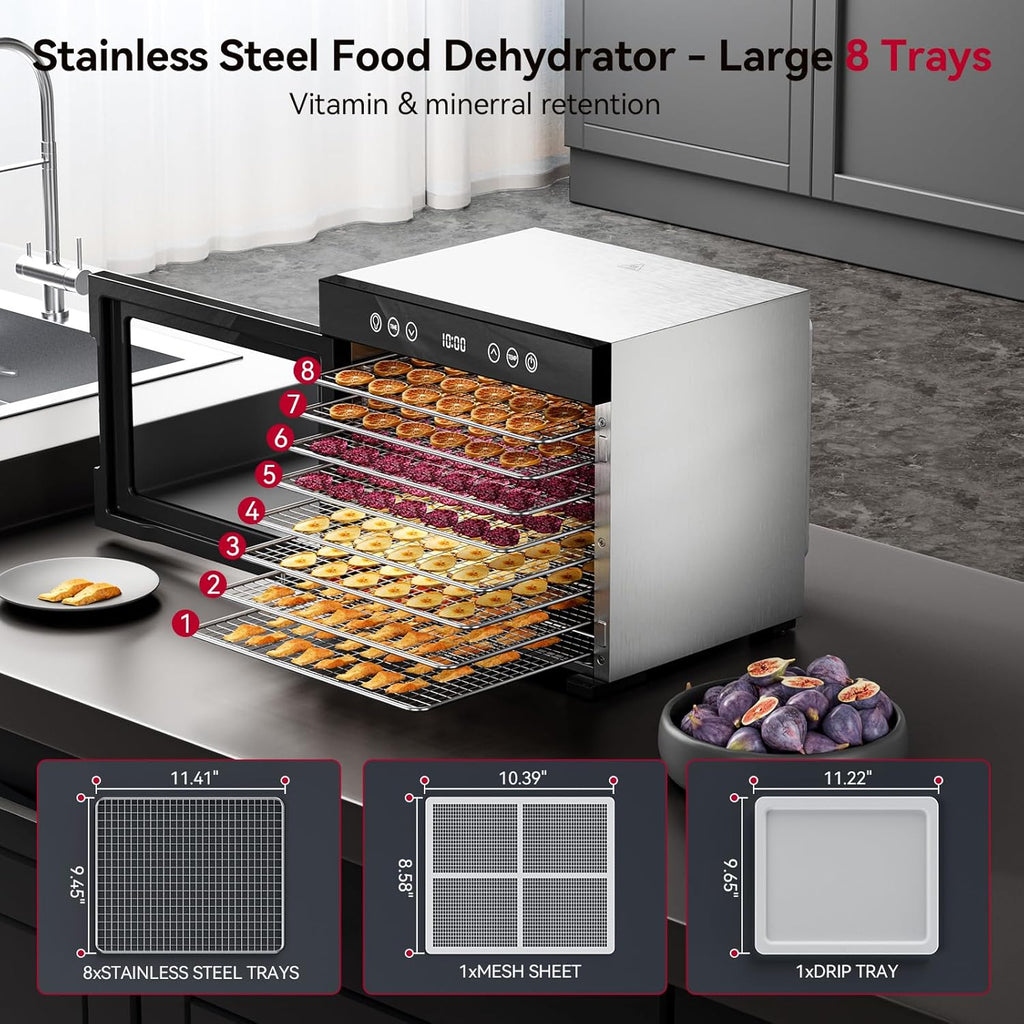 Food Dehydrator Machine, Powerful Food Dryer with 8 Stainless Steel Trays, Adjustable Temperature up to 167°F &