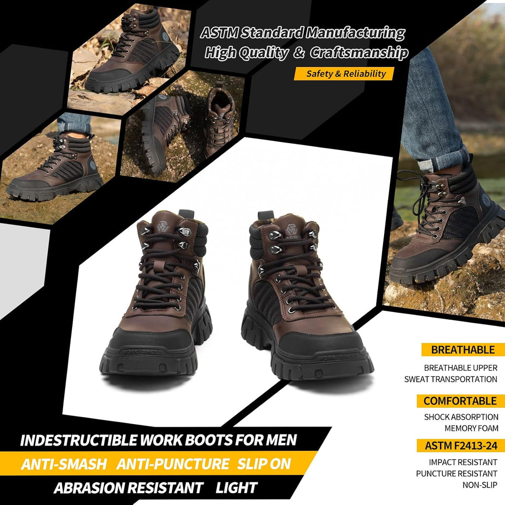 Waterproof Steel Toe Boots For Men-6 Inch Comfortable Mens Safety Work Boots Indestructible Steel Toe Shoes
