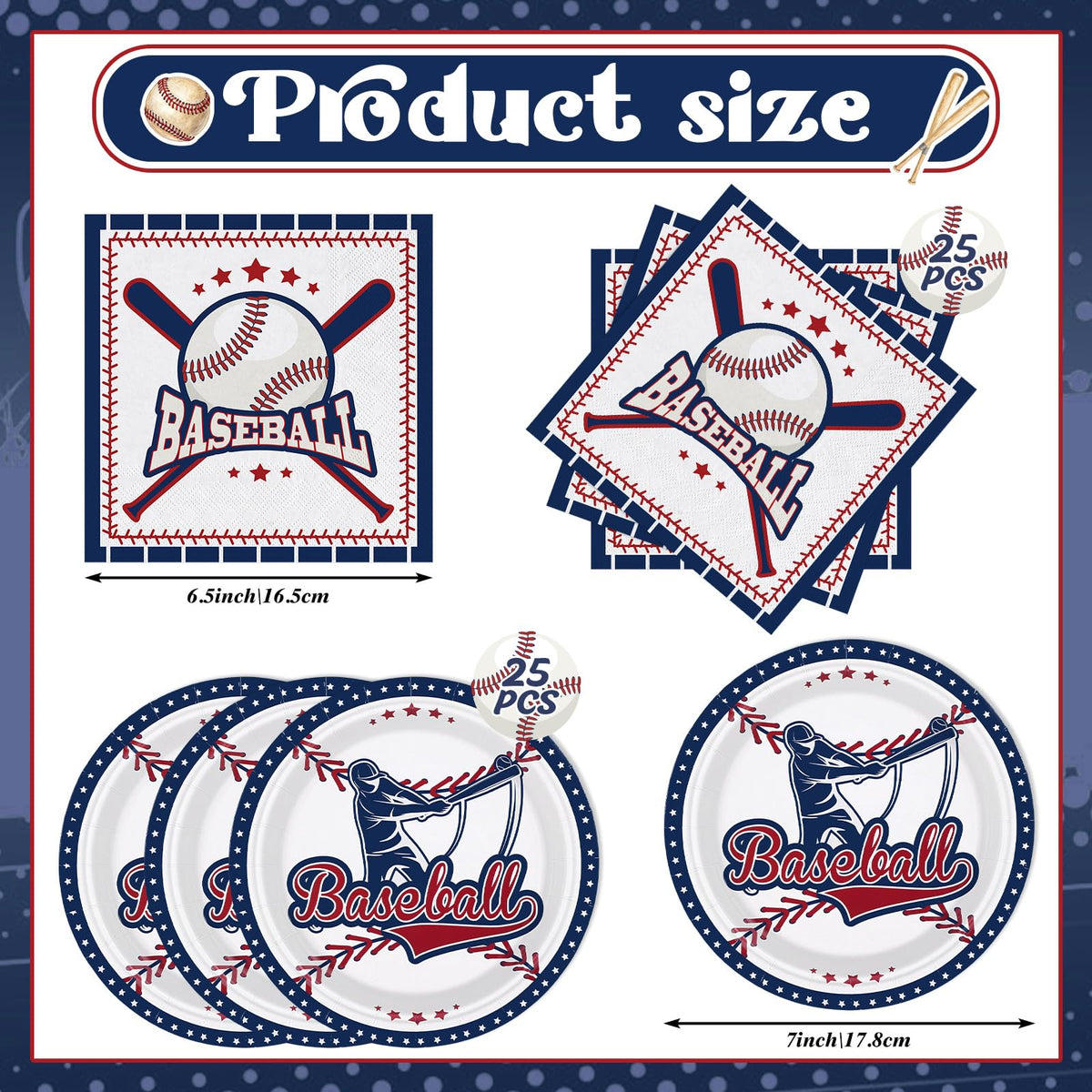 50 Pcs Baseball Plates and Napkins, Disposable Baseball Party Supplies