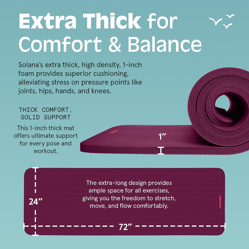 Solana Yoga Mat 1" Thick w/Nylon Strap for Men & Women - Non Slip Exercise Mat for Home Yoga, Pilates, Stretching