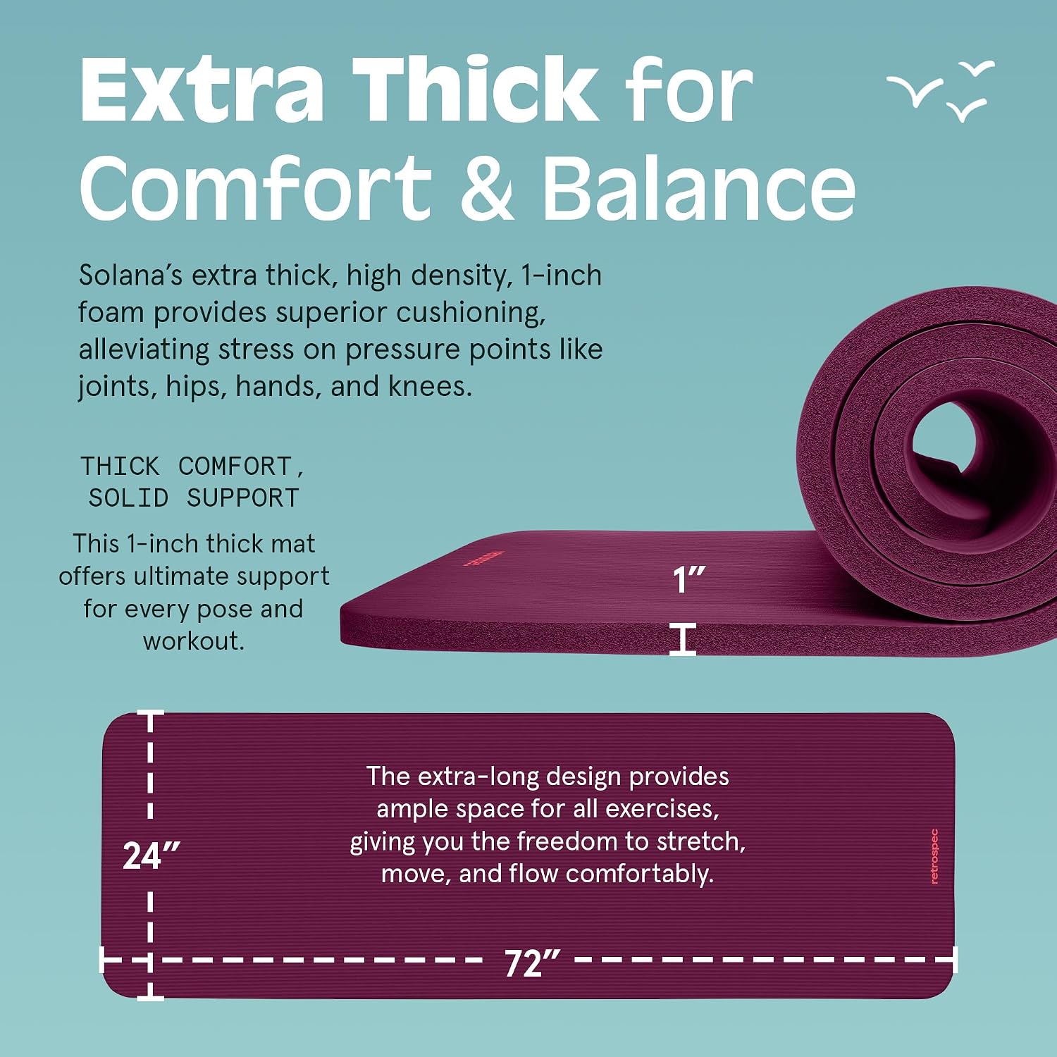 Solana Yoga Mat 1" Thick w/Nylon Strap for Men & Women - Non Slip Exercise Mat for Home Yoga, Pilates, Stretching