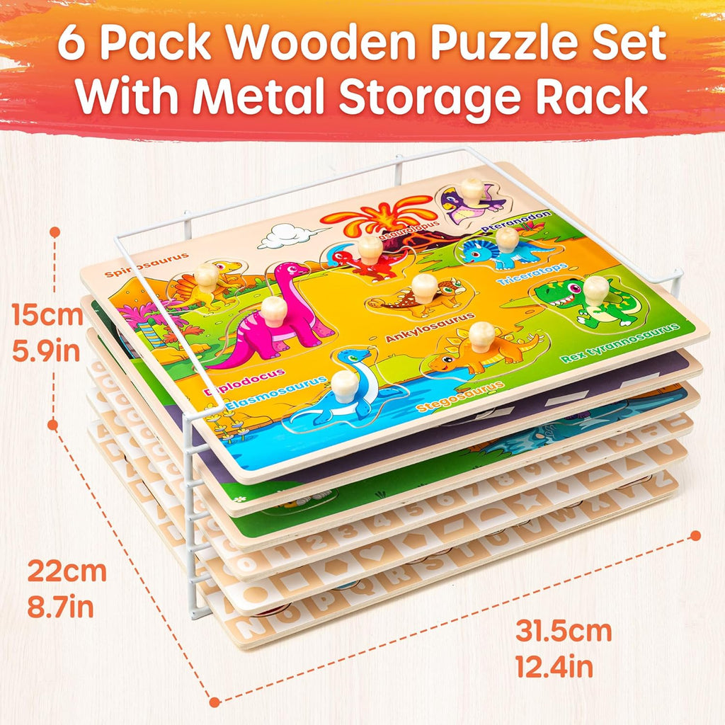 Wooden Puzzles for Toddlers 1-3, 6XSET Puzzles for Toddlers 2-4 with Rack, Learning Alphabet Number Animal Dinosaur