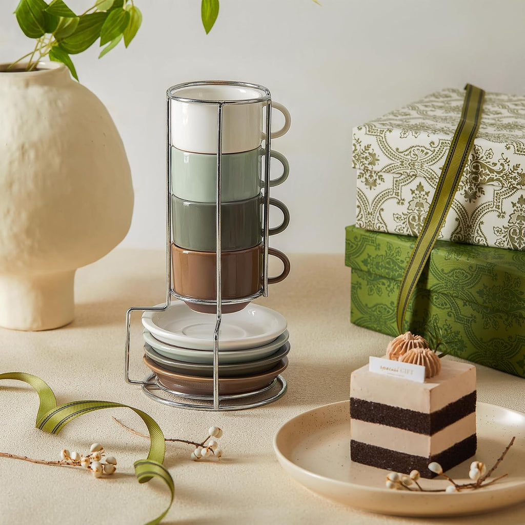 2.5 Ounce Espresso Cups Set of 4, Porcelain Stackable Coffee Cups with Saucers and Metal Stand, Earthy Spectrum