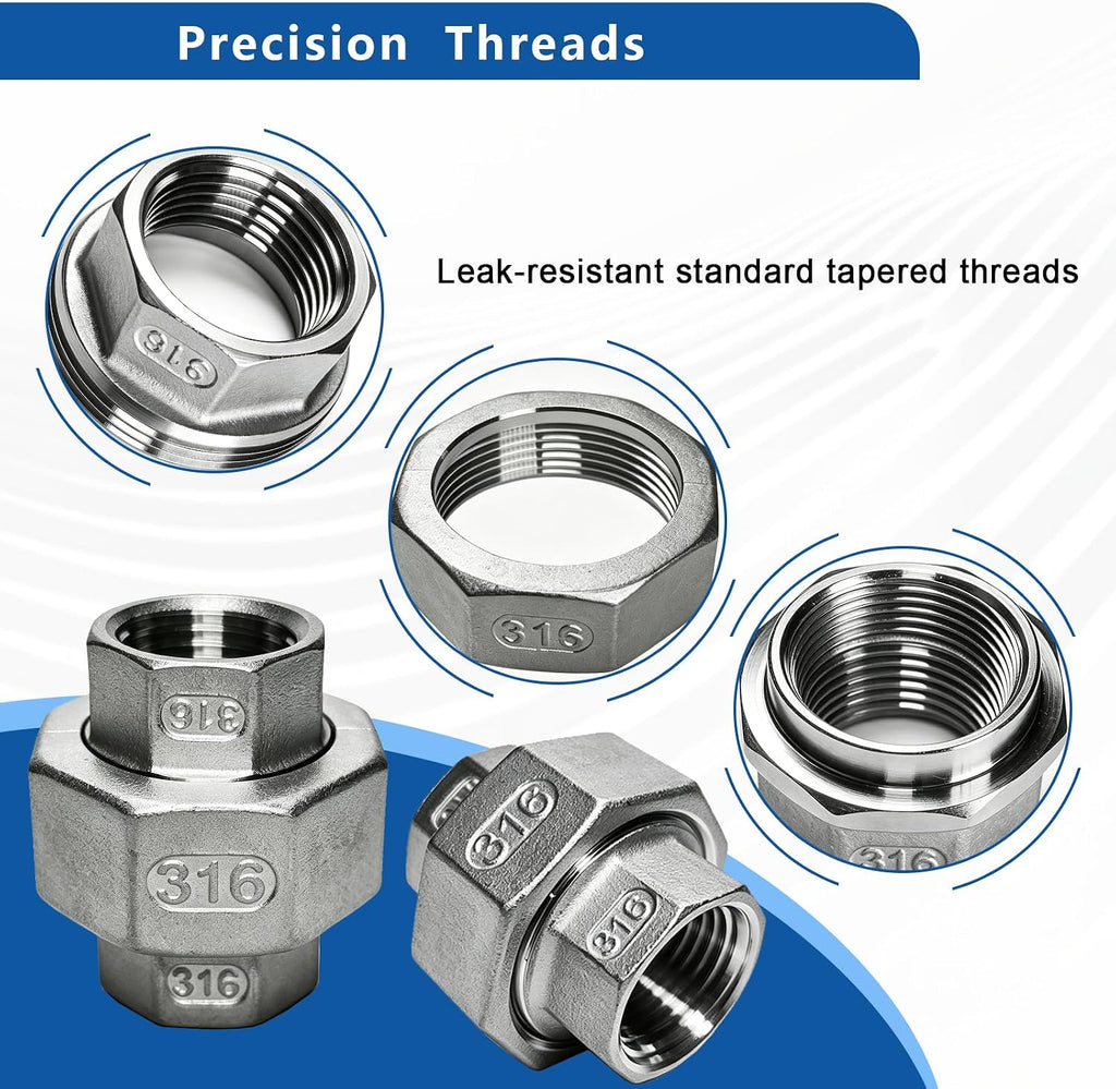 316 Stainless Steel Union Fitting, 3/4 Inch NPT Female, 2-Pack