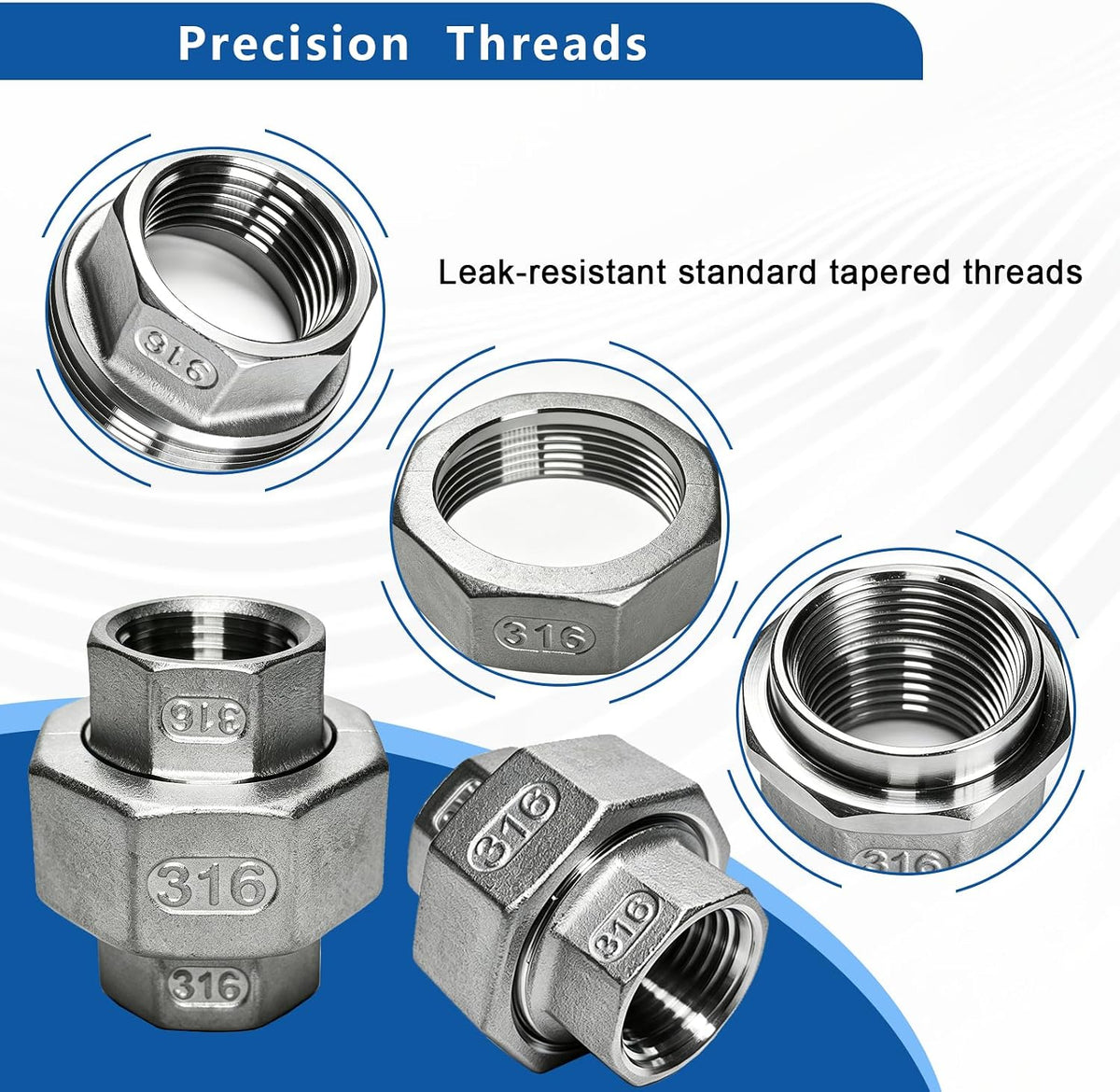 316 Stainless Steel Union Fitting, 3/4 Inch NPT Female, 2-Pack