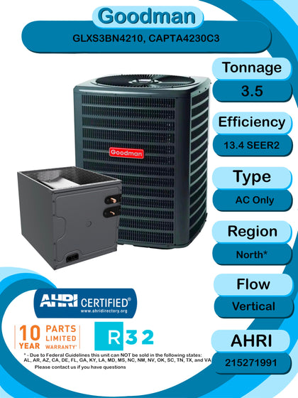 3.5 TON 13.4 SEER2 R-32 AC Only System with Vertical coil (GLXS3BN4210 condenser and CAPTA4230C3 coil)
