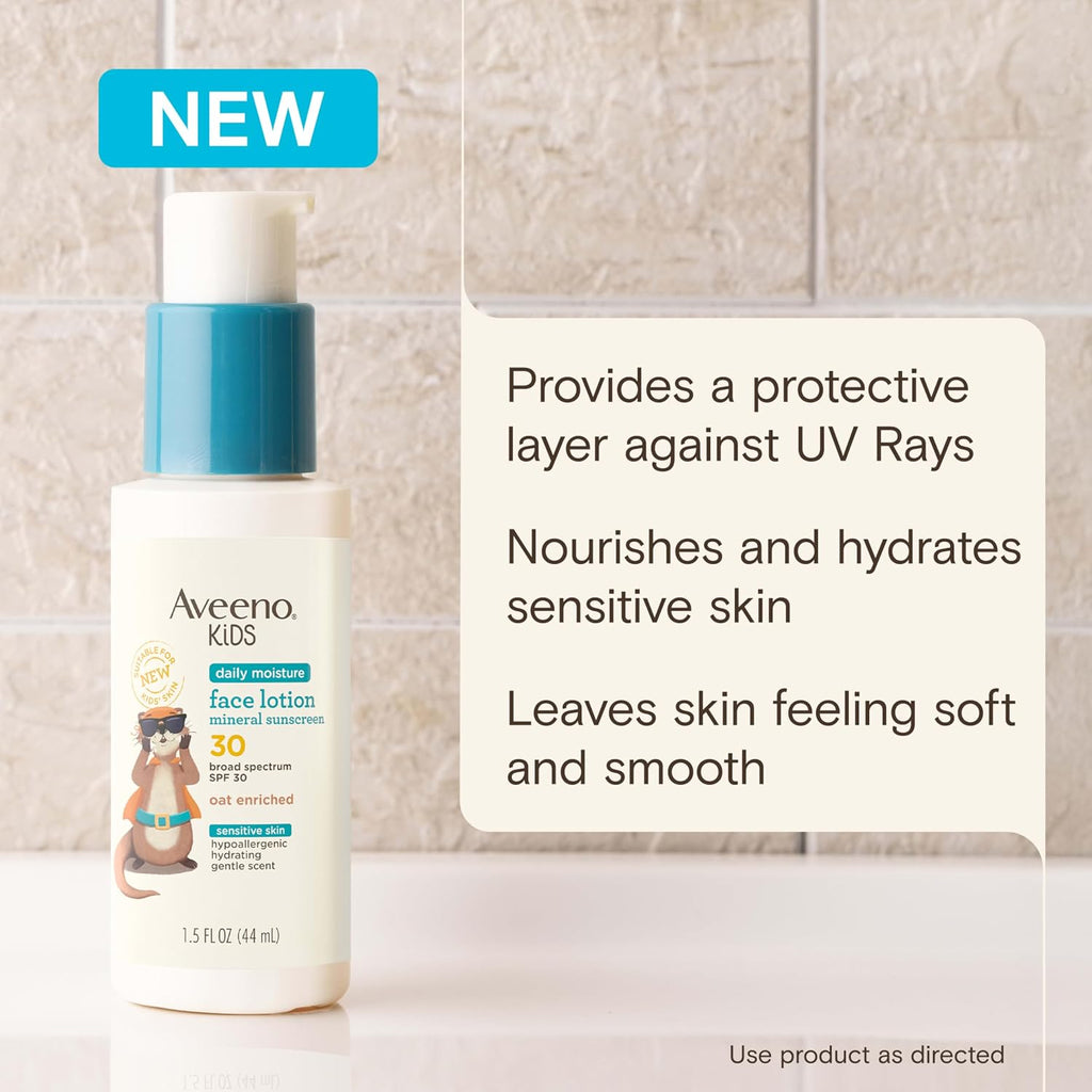 Aveeno Kids Daily Moisture Face Lotion & Mineral Sunscreen with SPF 30, Oat Enriched Face Moisturizer for Kids &