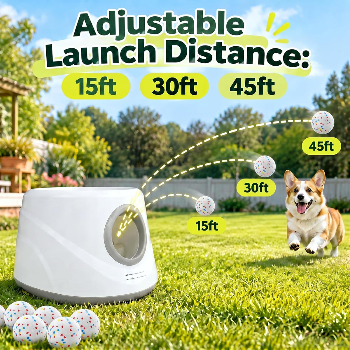 Automatic Ball Launcher for Dogs ，The Upgraded Premium Ball Thrower Adjustable Distance 20-45ft Including 6 PCS
