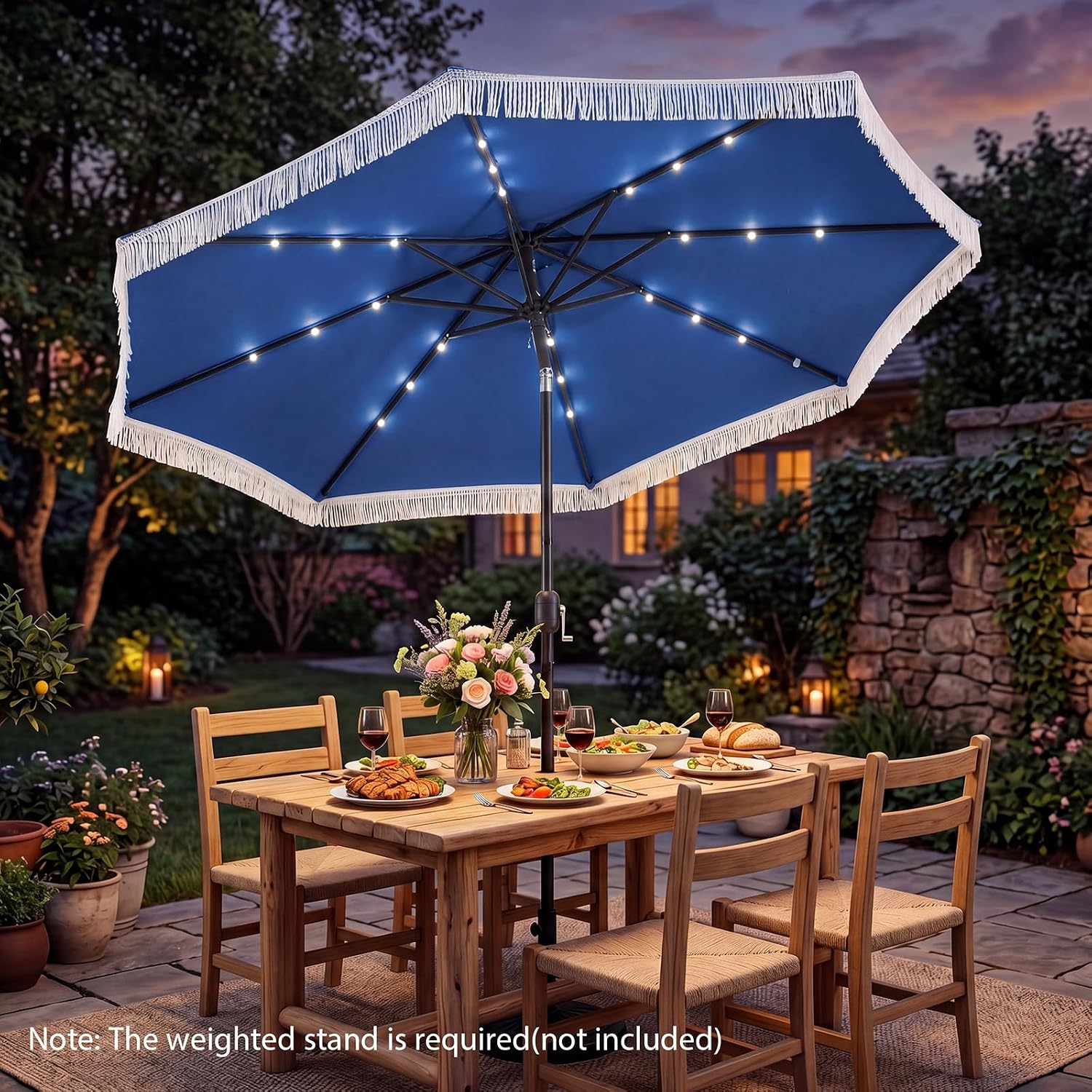 10 FT Solar Patio Umbrella with 24 LED Lights, Market Table Umbrella w/Fringe, Push Button Tilt, Crank Handle, 8