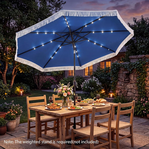 10 FT Solar Patio Umbrella with 24 LED Lights, Market Table Umbrella w/Fringe, Push Button Tilt, Crank Handle, 8