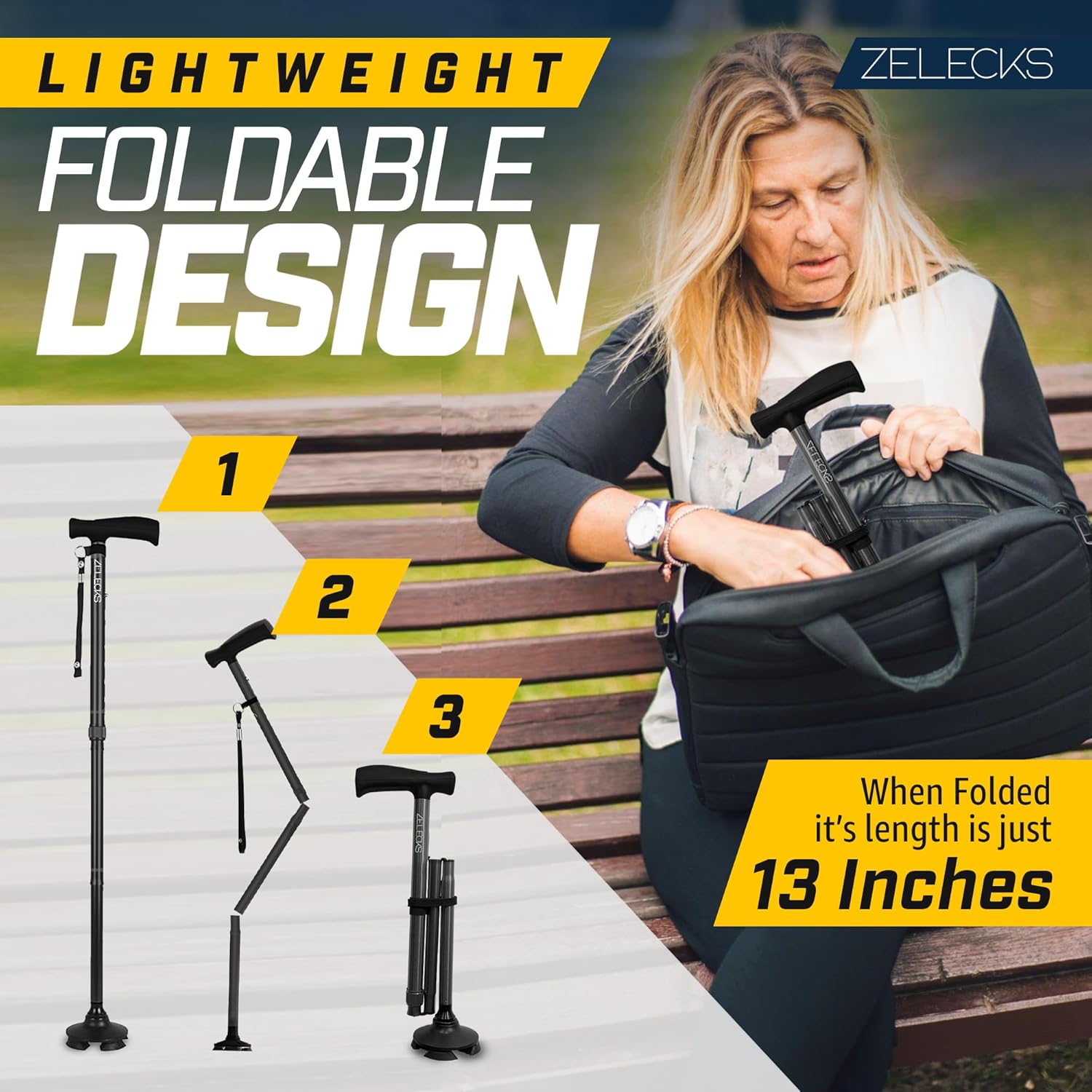 Walking Cane for Women & Men - Self Standing Adjustable Folding Cane with T Handle and 360 Pivot Base - Lightweight