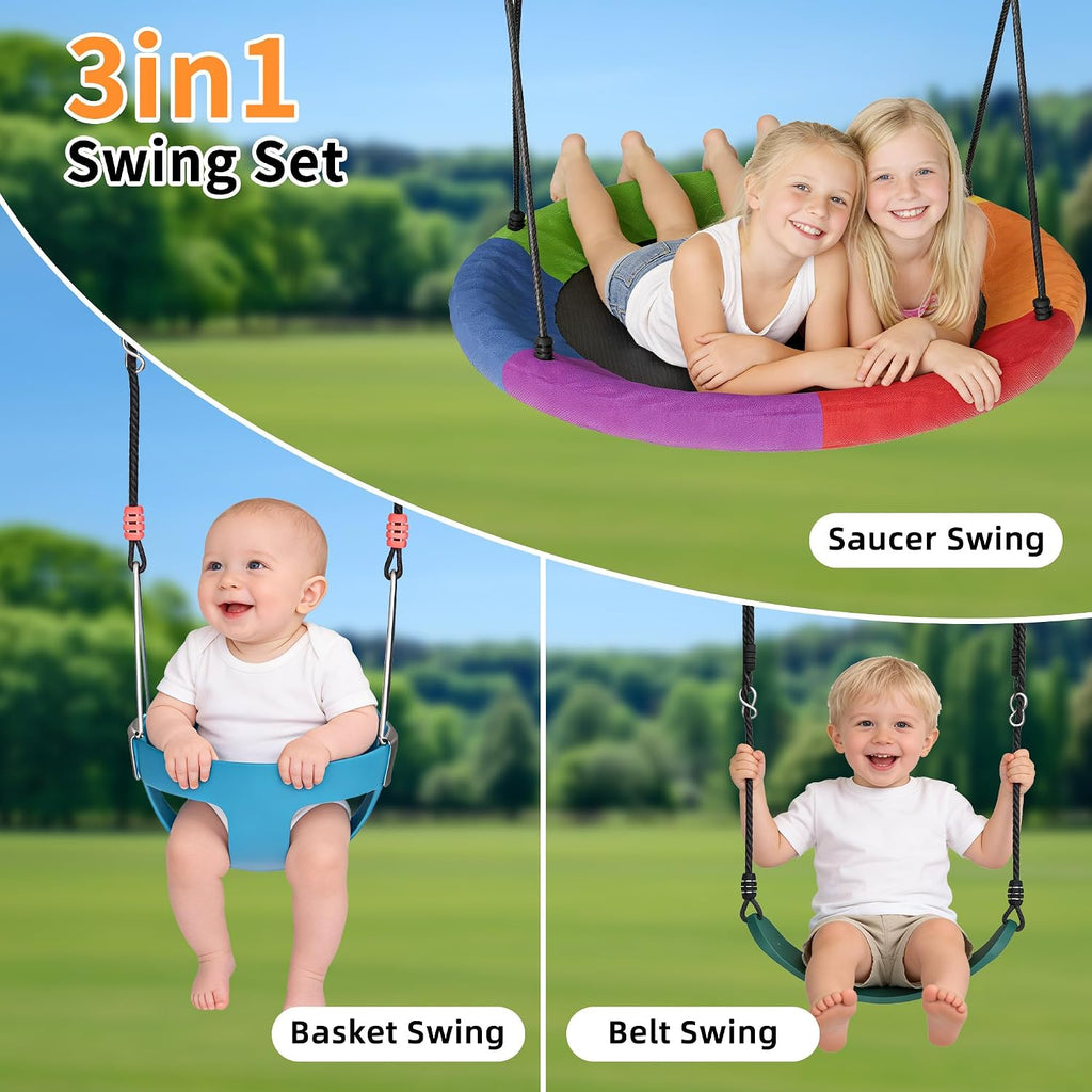 440lbs Swing Frame Set with Stand–Saucer Swing, Belt Swing & Baby Swing, Heavy Duty Metal Swing Set with Adjustable