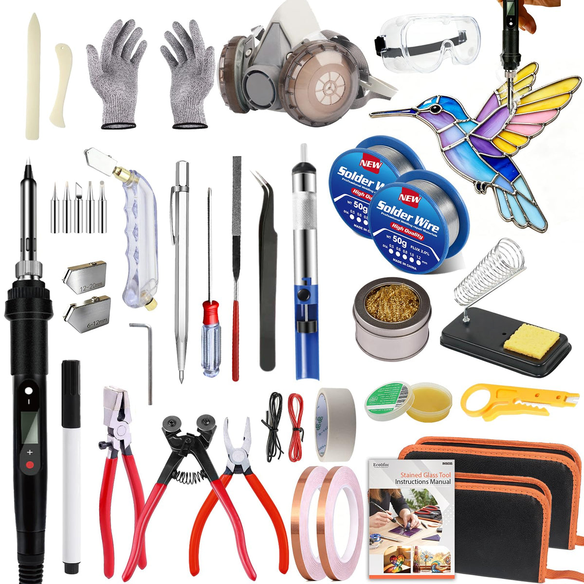 Stained Glass Starter Kit, Complete Stained Glass Making Kit with 100W Soldering Iron, Glass Cutter Tools, Diamond