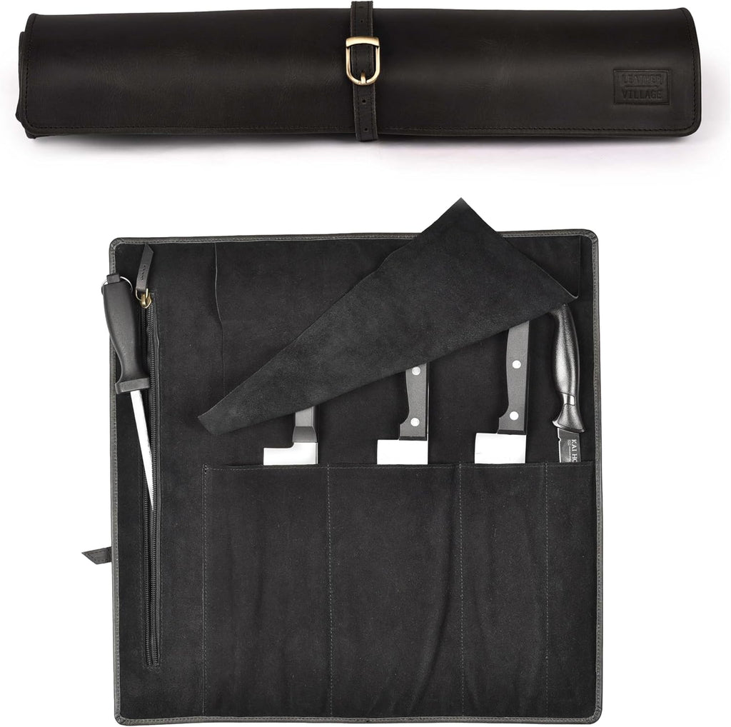 Genuine Leather Knife Roll Bag For Chef Professional-Black | Durable Sheath Holder, Cooks & Culinary Tools Organizer