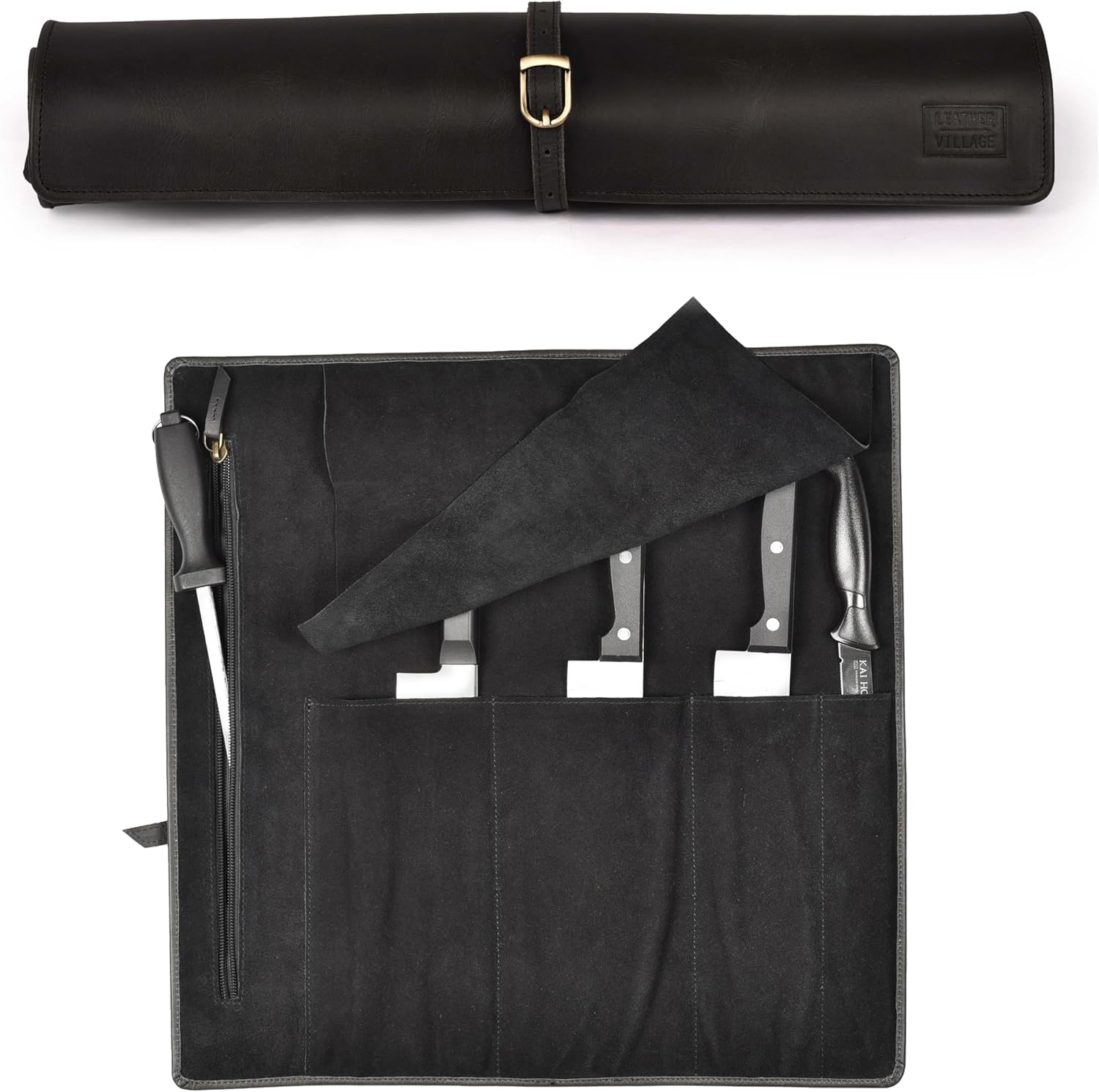 Genuine Leather Knife Roll Bag For Chef Professional-Black | Durable Sheath Holder, Cooks & Culinary Tools Organizer