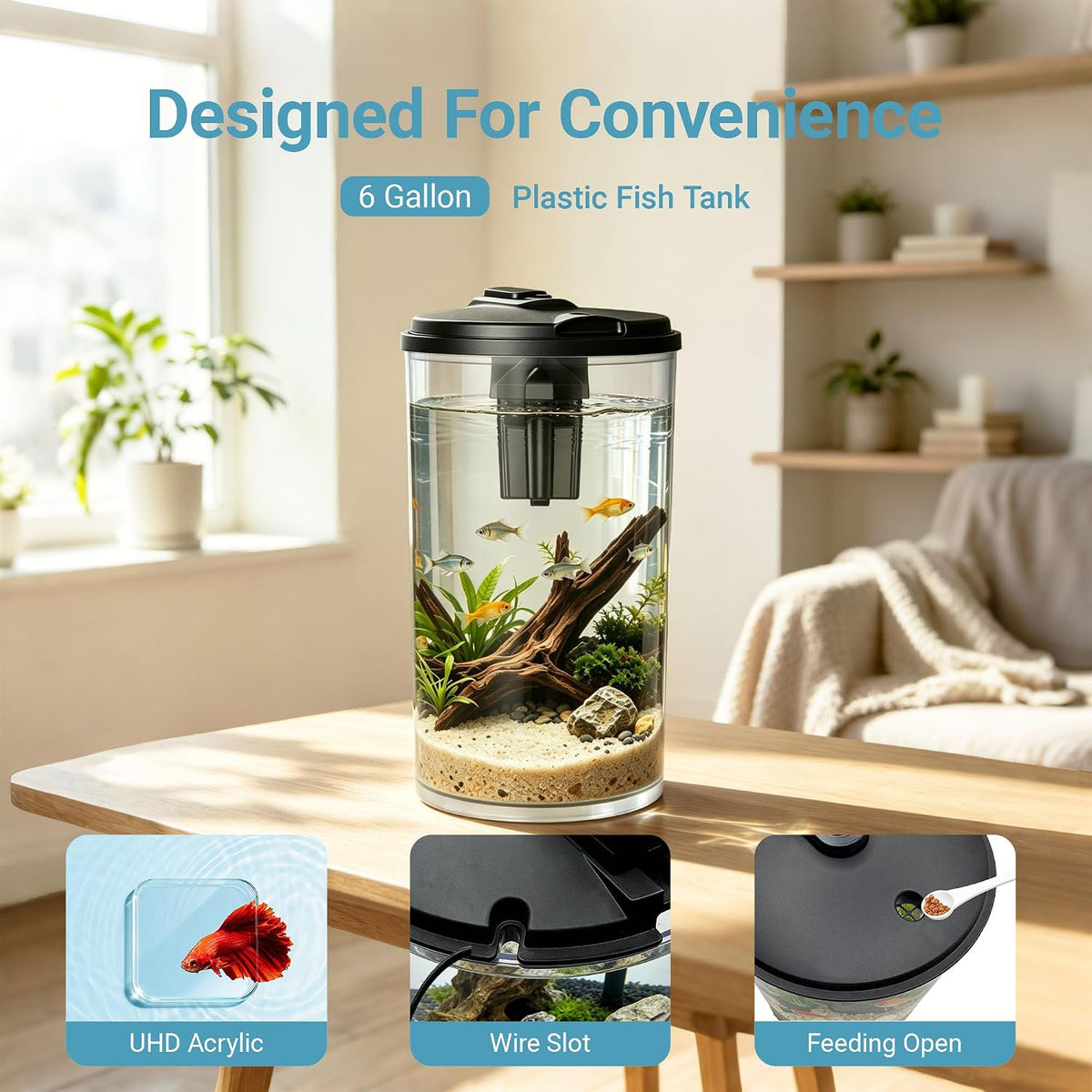 Plastic 6-Gallon AquaView 360 Aquarium Kit for Tropical Fish, Betta Fish with LED Lighting and Power Filter Clear