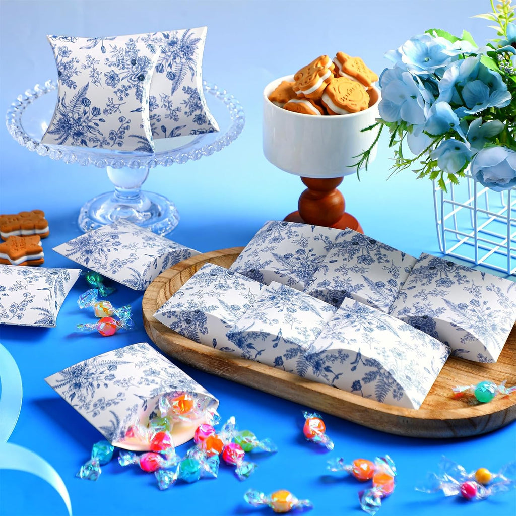 100 Pcs Wedding Favor Boxes Blue Floral Pillow Boxes