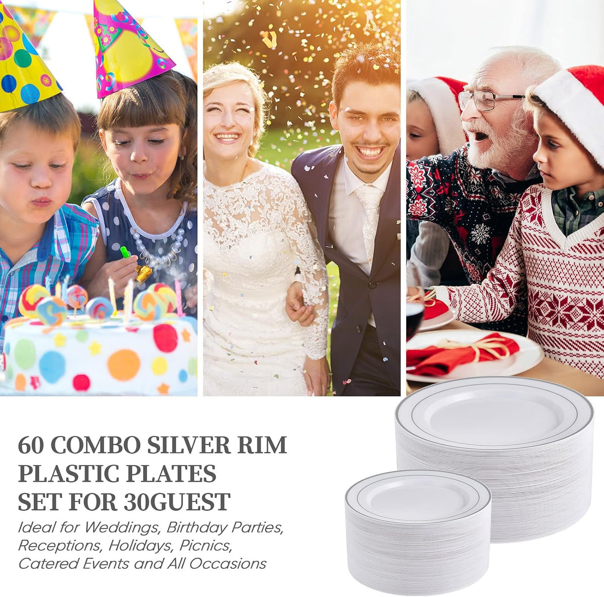 Silver Plastic Plates Set of 60,Disposable Plates with Silver Rim