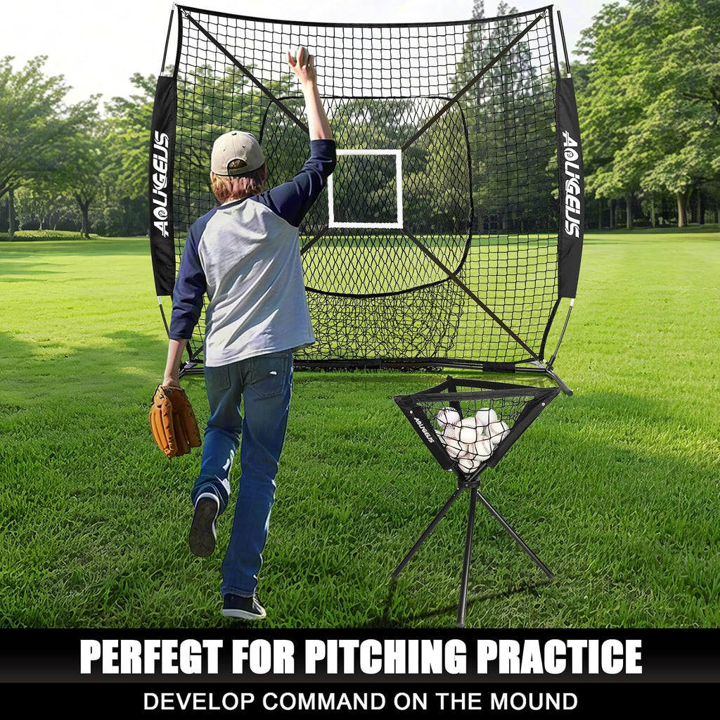 6'x6' Baseball Softball Practice Net, Batting Tee & Ball Caddy | Baseball Pitching Hitting Net with Strike Zone
