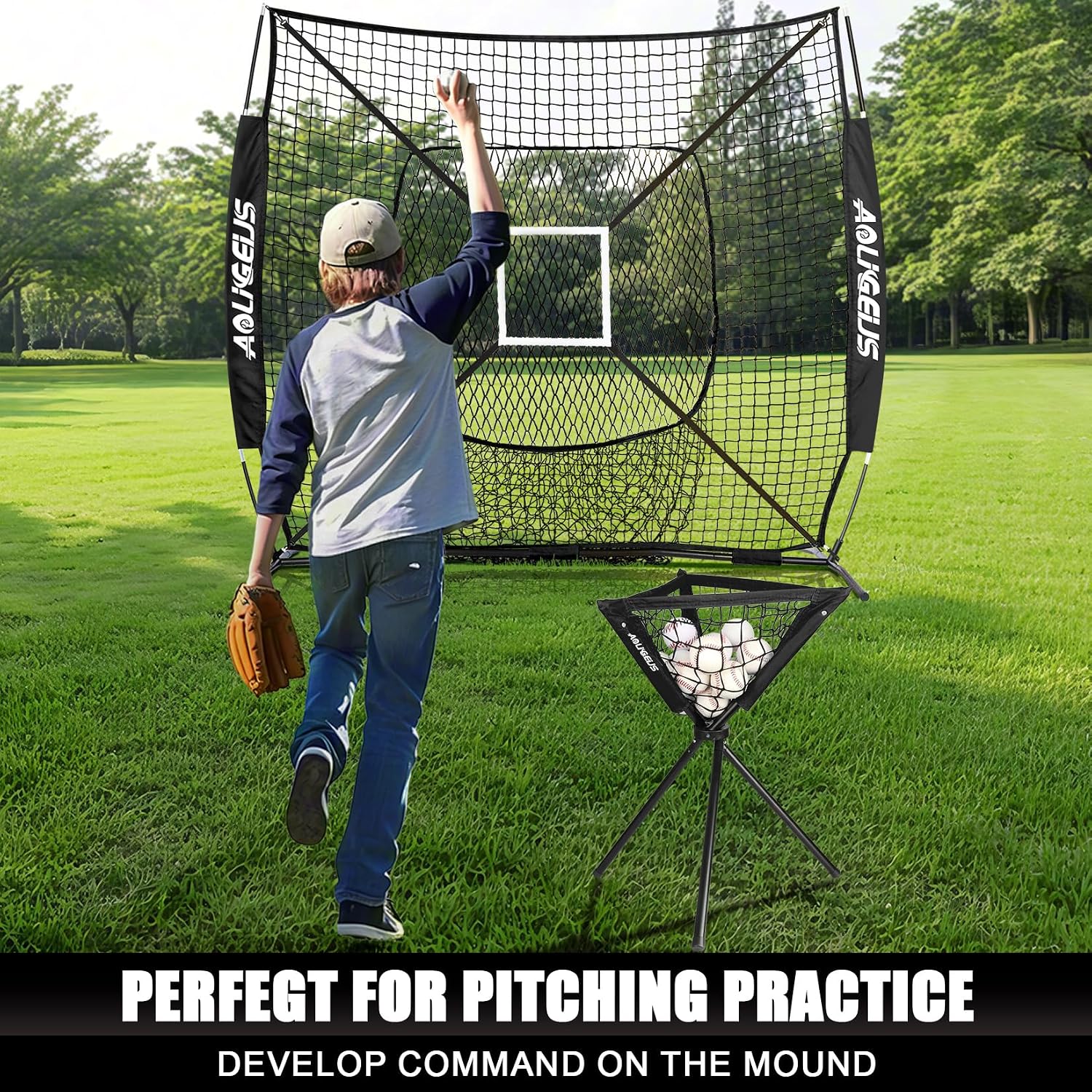 6'x6' Baseball Softball Practice Net, Batting Tee & Ball Caddy | Baseball Pitching Hitting Net with Strike Zone