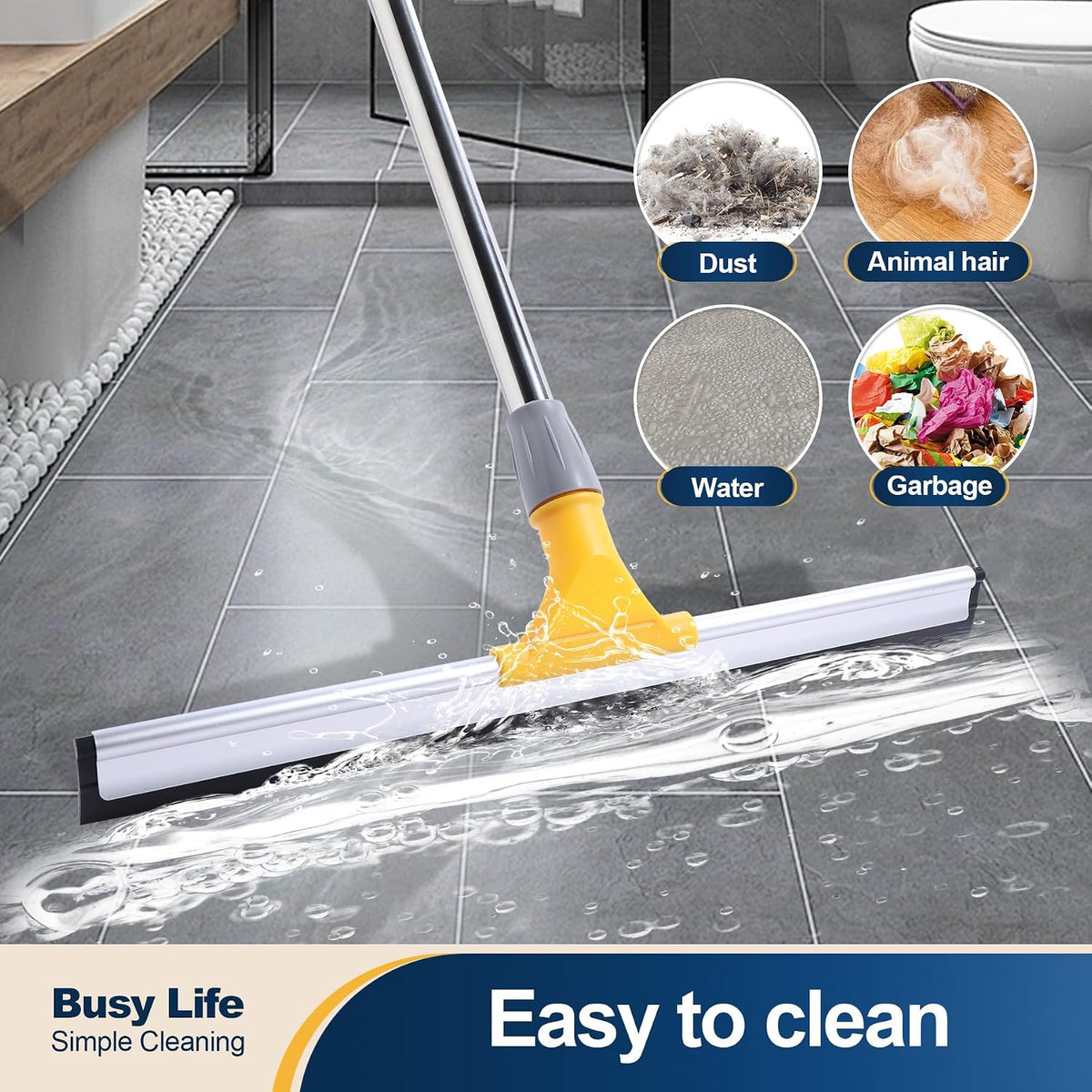Rubber Floor Squeegee 17.7" TPR Blade Scrubber Broom 61.8inch Pole | Household Broom for Garage Courtyard Shower