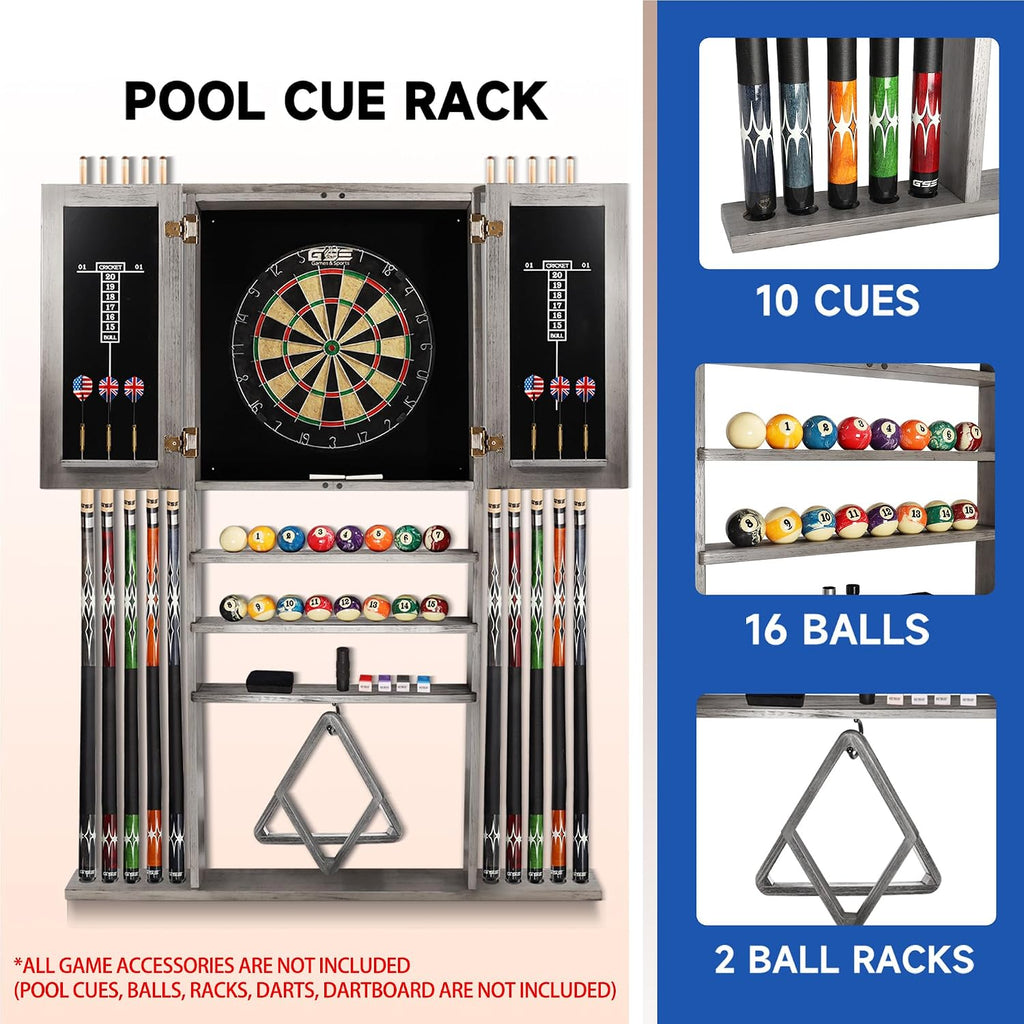 GSE Wall Mounted Billiard Pool Cue Rack & Dart Board Cabinet Only | Dart Scoreboard Included, 100% Solid Wood, Hold