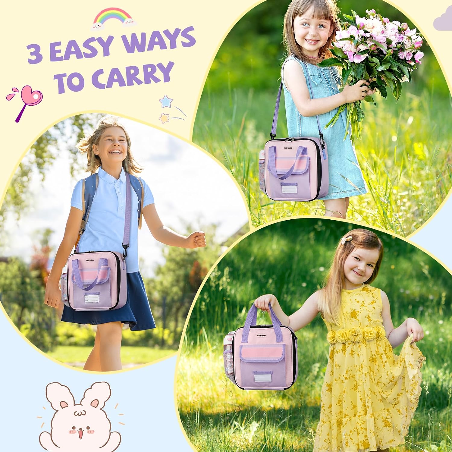 Lunch Box Kids, Large Insulated Lunch Bag for Girls, Purple | Tactical Style, Cooler Lunchbag, Square Toddler