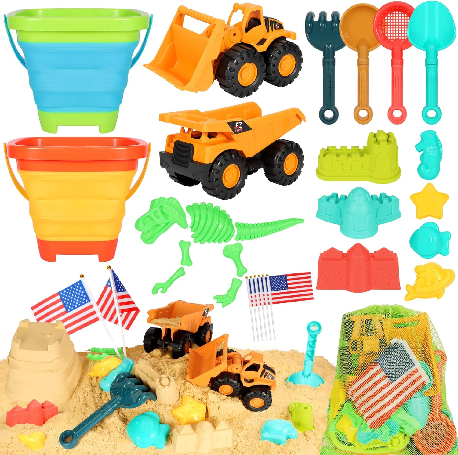 Beach Sand Toys for Kids, 29PCS Travel Beach Essentials for Toddler 3-10 | Sandbox Toys with 2 Collapsible Bucket