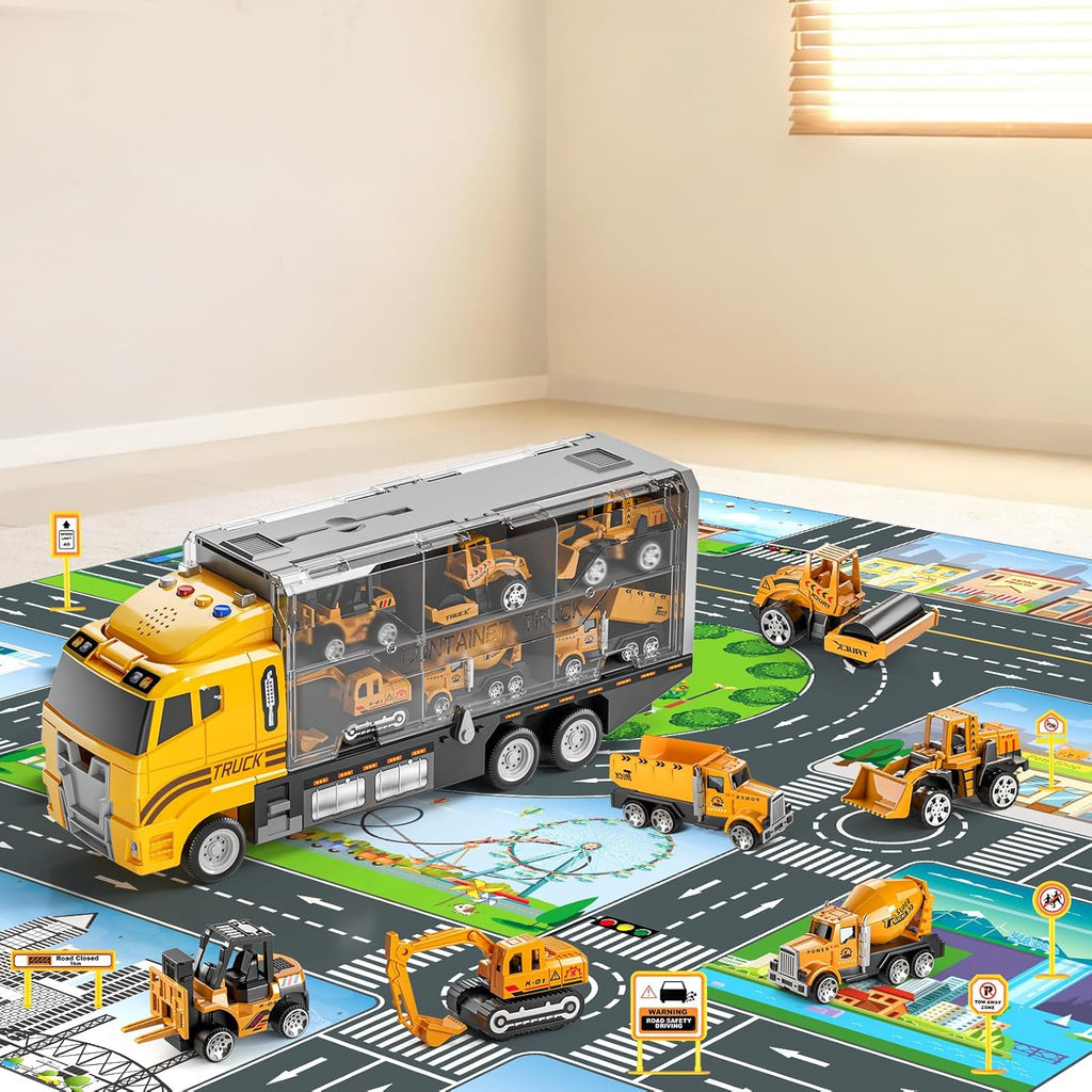 Toddler Boys Construction Truck Vehicle Toy Set with Play Mat and Die-Cast Toy Car, Transport Carrier Truck for Kids