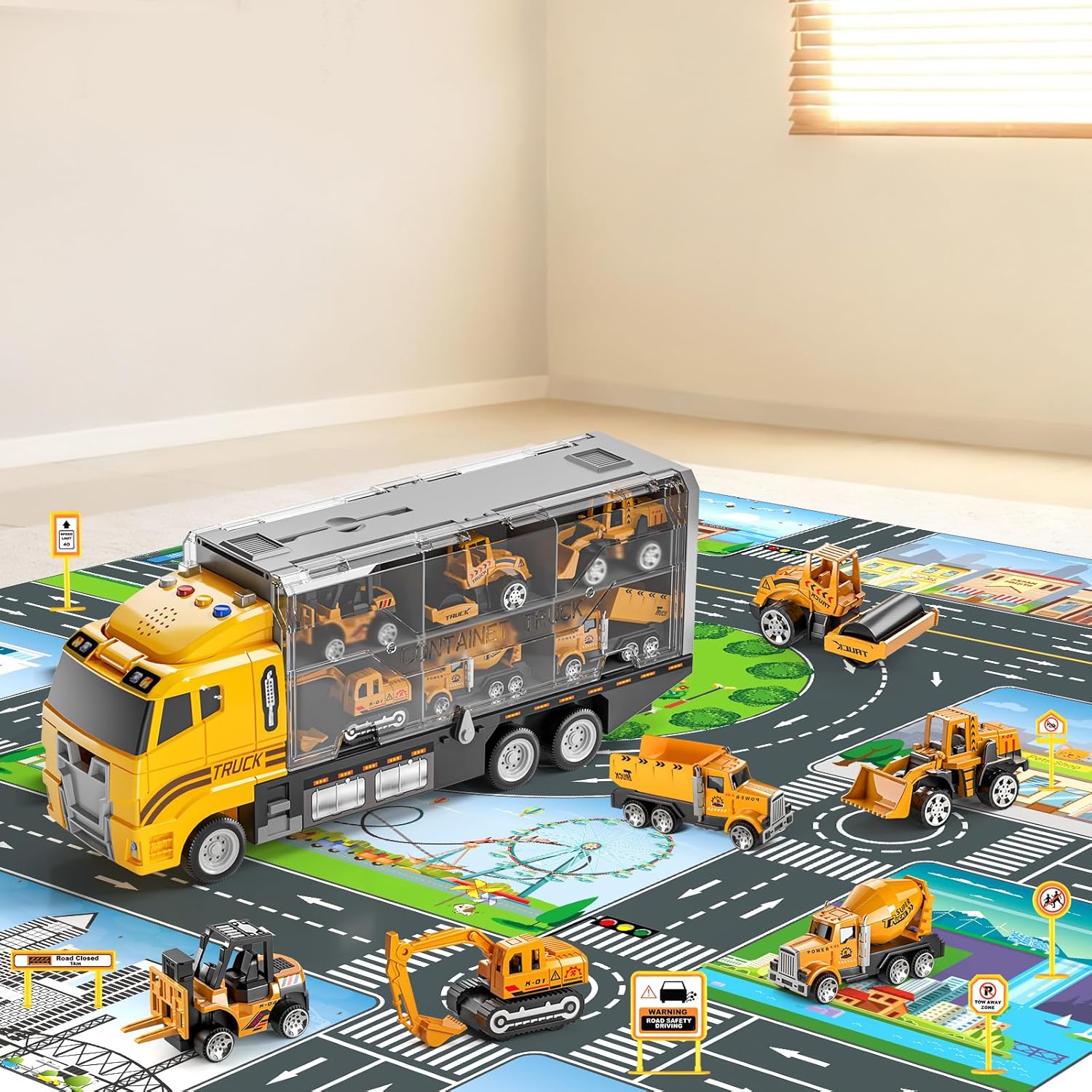 Toddler Boys Construction Truck Vehicle Toy Set with Play Mat and Die-Cast Toy Car, Transport Carrier Truck for Kids