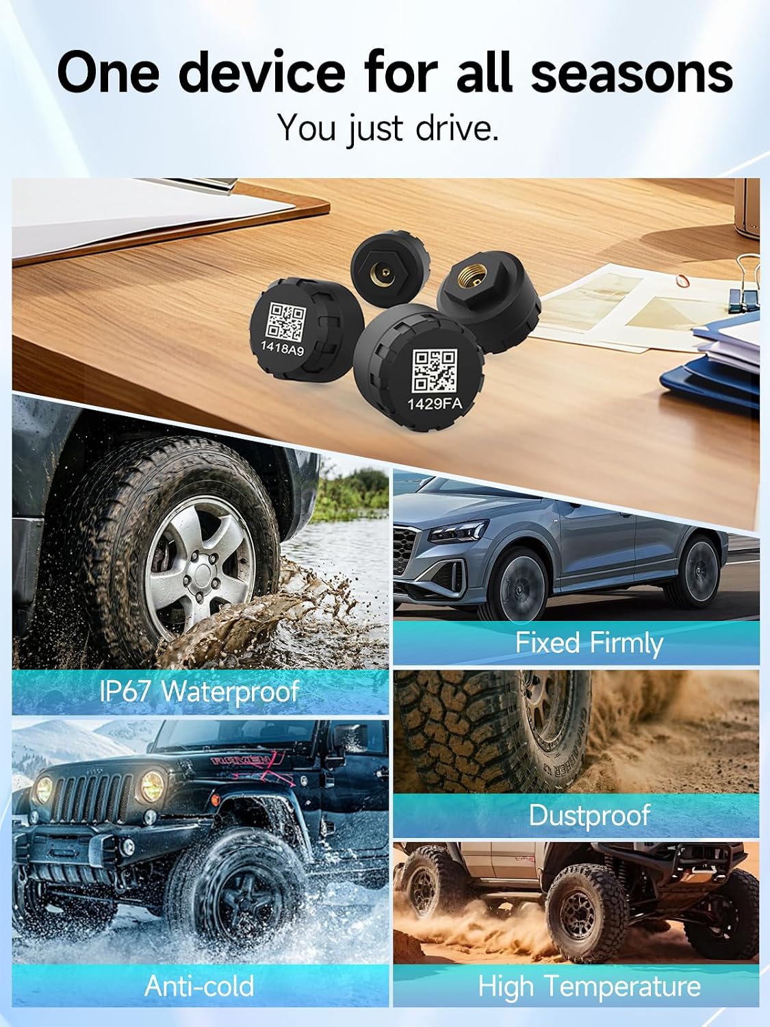 Tire Pressure Monitoring System TPMS Sensors Set of 4 for RV Cars | Wireless Bluetooth Tire Pressure Caps, Auto