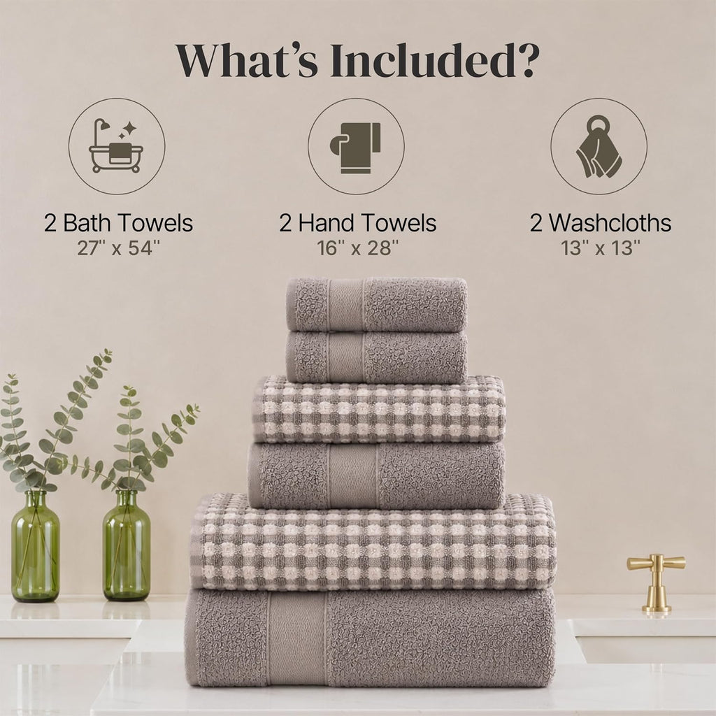 6 Piece Cotton Bath Towel Set – Ultra Soft 600 GSM Towels – Bathroom Set with Hand Towels and Washcloths – Waffle