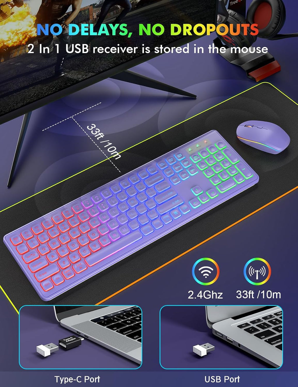 Wireless Keyboard and Mouse Combo with RGB Backlit, Rechargeable | Light Up Letters, Full-Size, Soft Typing, Sleep