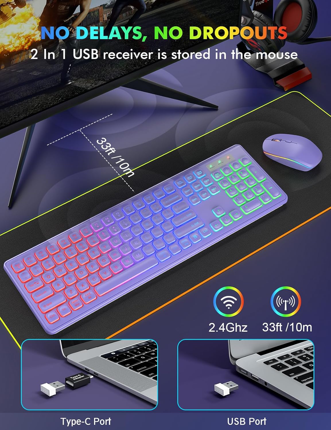 Wireless Keyboard and Mouse Combo with RGB Backlit, Rechargeable | Light Up Letters, Full-Size, Soft Typing, Sleep
