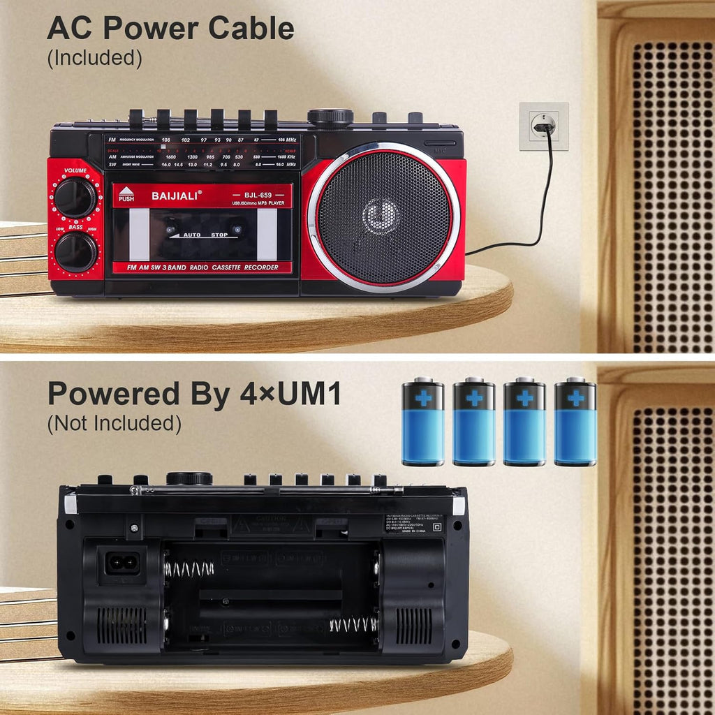 Portable Cassette Player with AM/FM/SW Radio & BT | Boombox for Home and Travel, Record from Radio, Play via SD/USB