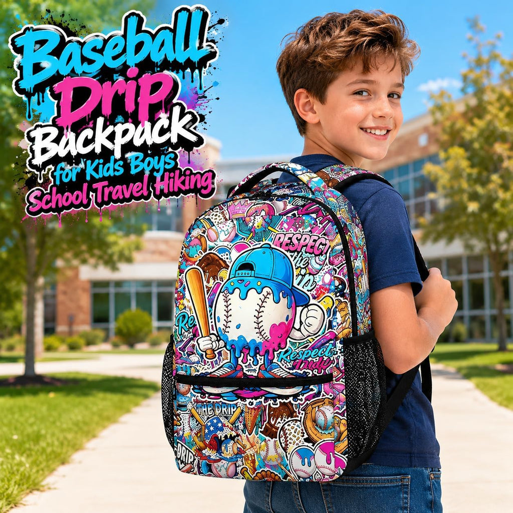Kids Backpack for Boys Baseball Drip Backpacks for Kids Teens Team, Lightweight Large Capacity Cool Back to School