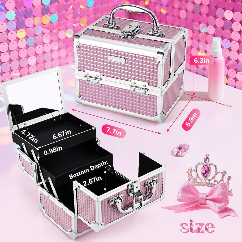 Makeup Case Portable Makeup Box Travel Train Case Cosmetic Case Organizer with 2 trays Mirror Locking Make Up Storage