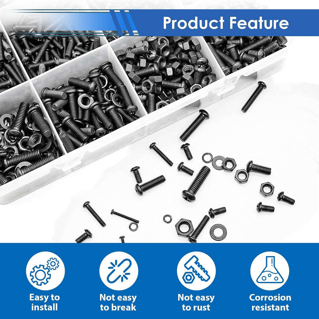 516Pcs Black Nuts and Bolts Assortment Kit 21-Sizes M3/M4/M5/M6 Nut Bolt Washer Assortment Kit for Machinery