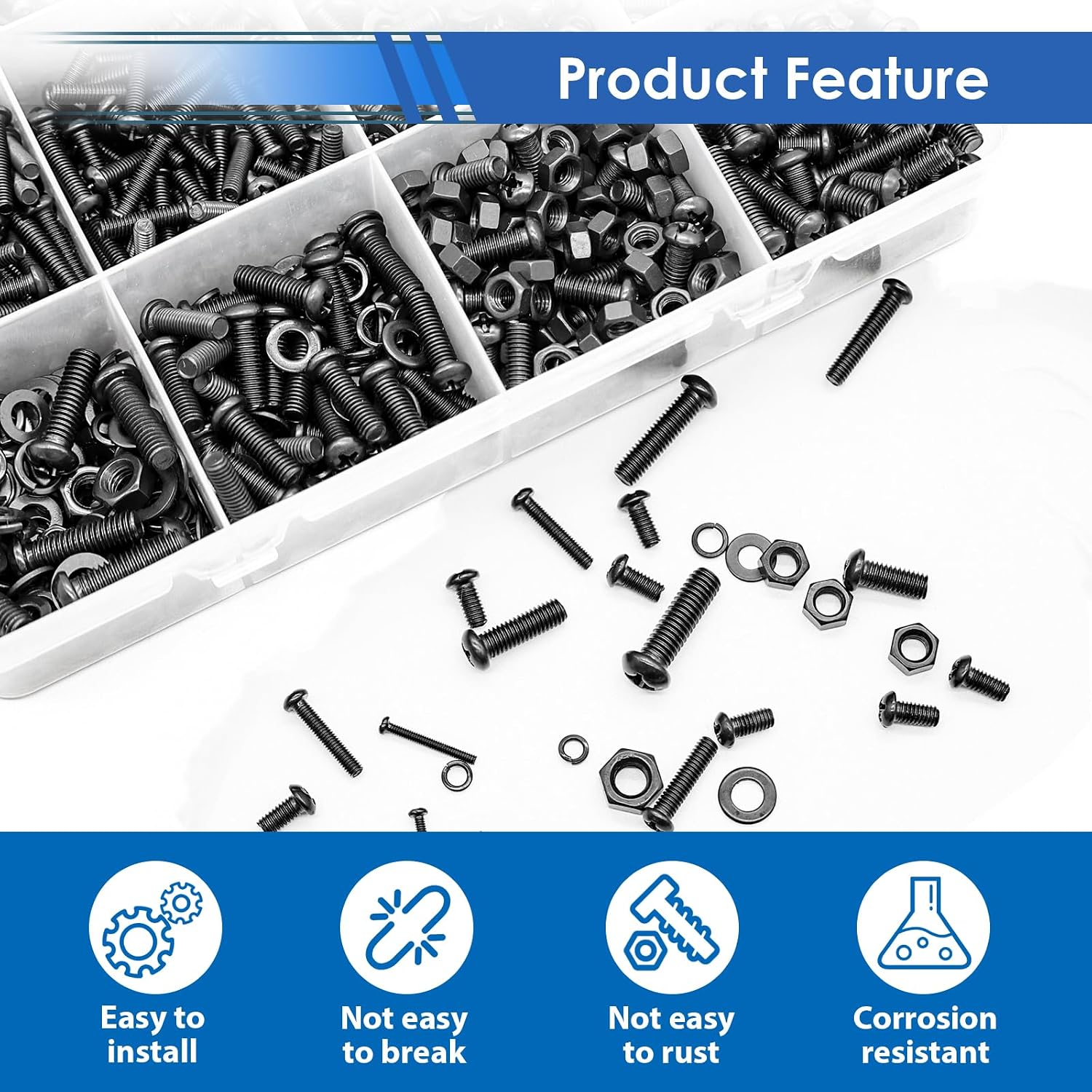 516Pcs Black Nuts and Bolts Assortment Kit 21-Sizes M3/M4/M5/M6 Nut Bolt Washer Assortment Kit for Machinery