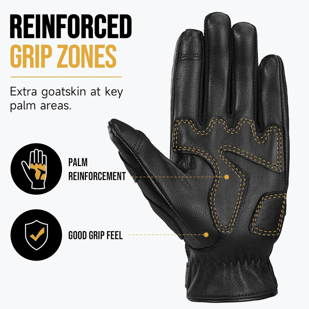 Leather Motorcycle Gloves for Men，Goatskin Riding Touchscreen | Perforated Breathable Summer Gloves for