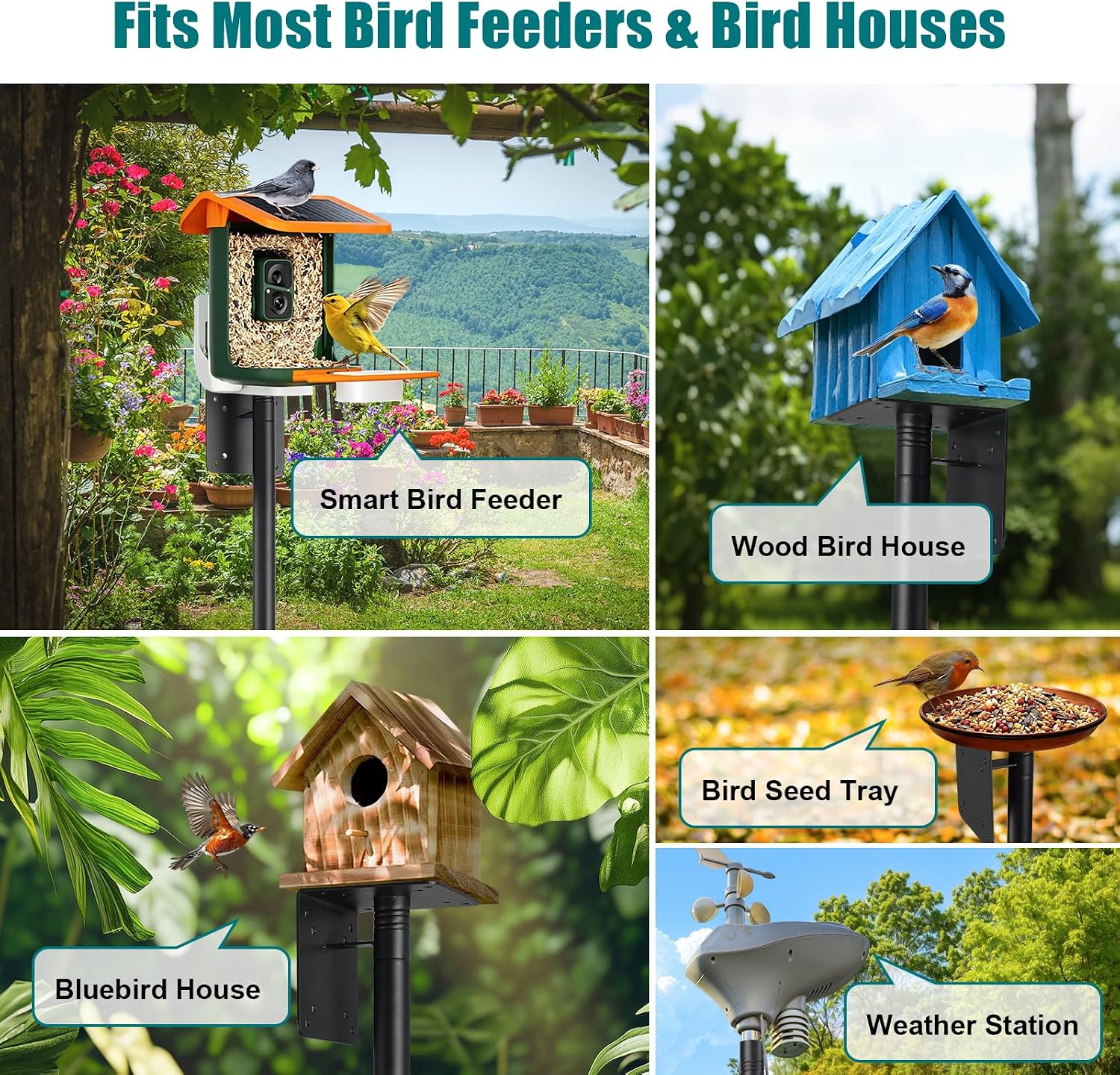 Heavy Duty Bird Feeder Pole - 103" Extra Tall Bird House Stand Outdoor, Anti-Tip Stakes & Stable Mount for Smart