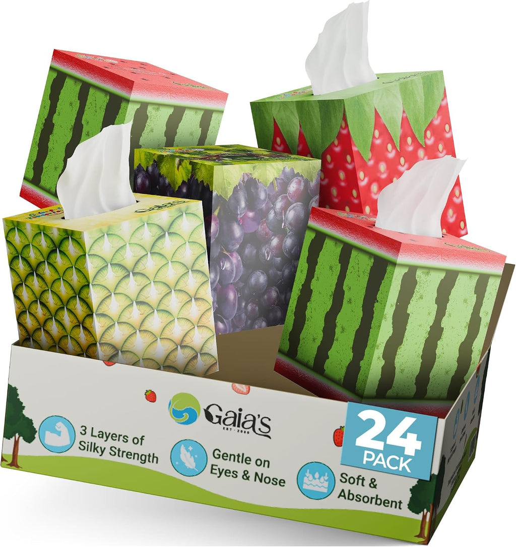 Gaias Premium Bamboo Facial Tissues – 24 Fruit Boxes, 3-Ply, 80 Sheets per Box, Bamboo-Based, Zero Plastic Packaging