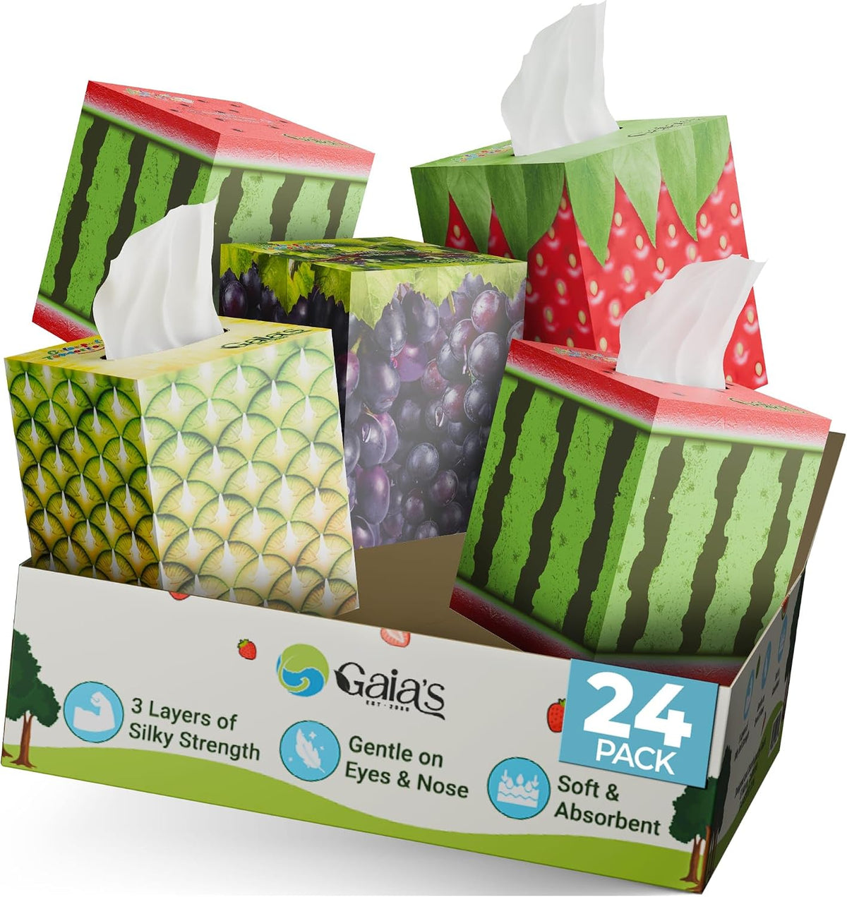 Gaias Premium Bamboo Facial Tissues – 24 Fruit Boxes, 3-Ply, 80 Sheets per Box, Bamboo-Based, Zero Plastic Packaging