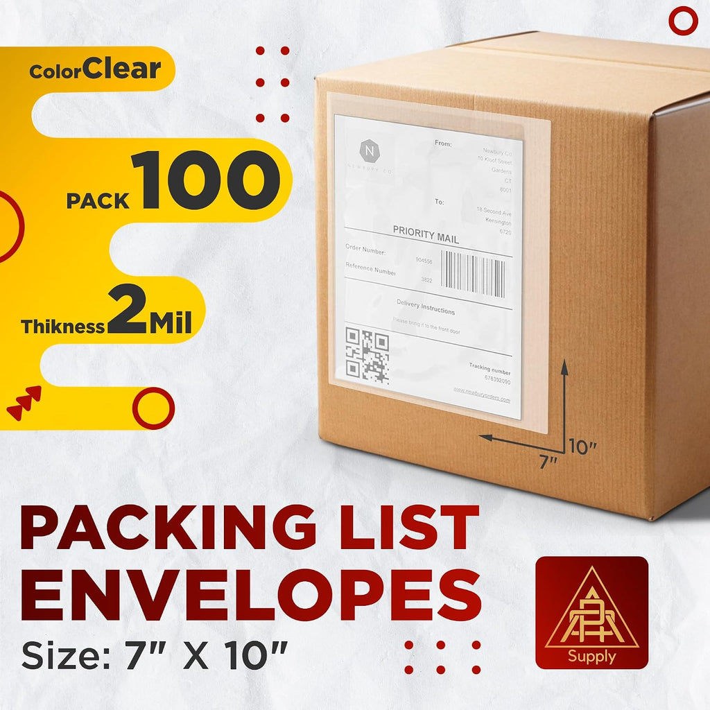 Clear Packing List Envelopes, 7 x 10 Inch Self Seal Shipping Document Pouches, 100 Pack for Business Warehouse E