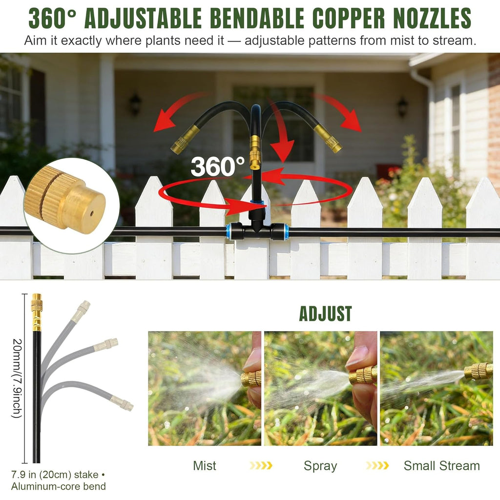 100FT Drip Irrigation System Kit Dual-Zone Garden Atomizing Watering System with 30 Copper 360° Adjustable Bendable