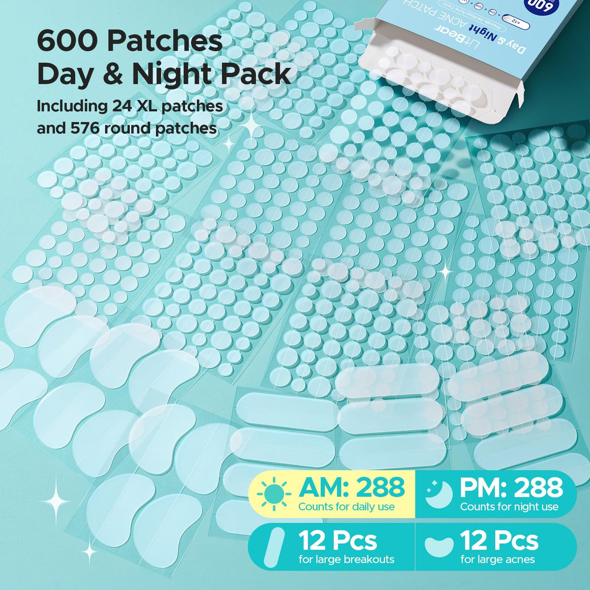 Pimple Patches for Face, 5 Sizes 600 Counts Hydrocolloid Acne Patch, Day & Night Spot Stickers Variety Pack, Thin &